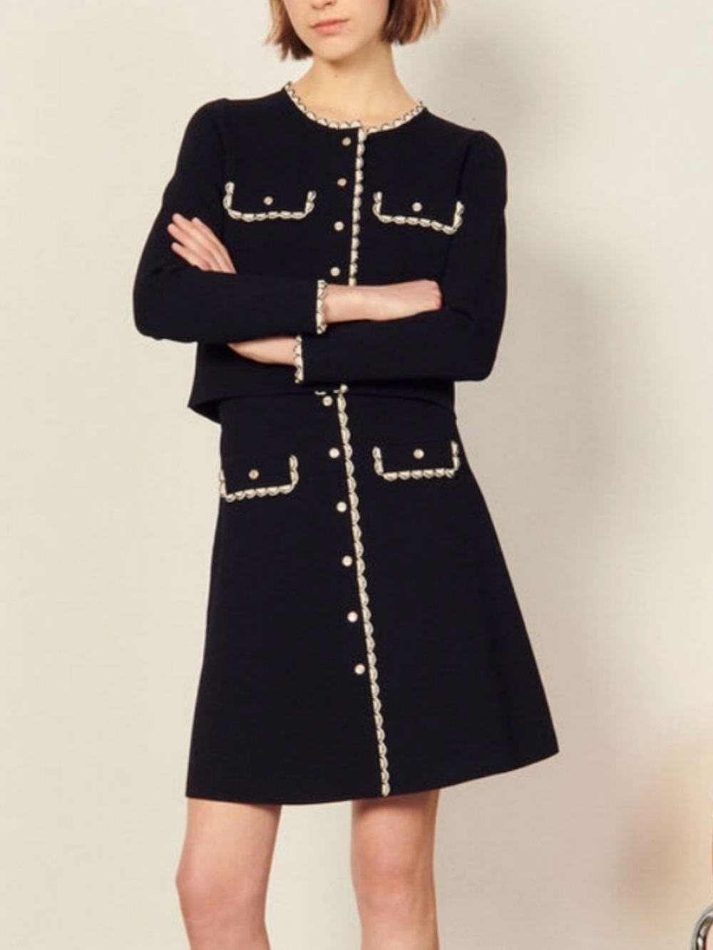 Sandro navy bandage a line skirt with white and navy trim Size EU 36 (US 4) - Picture 7 of 8